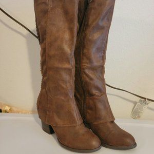 Brown Suede Lace Detail Knee Boots